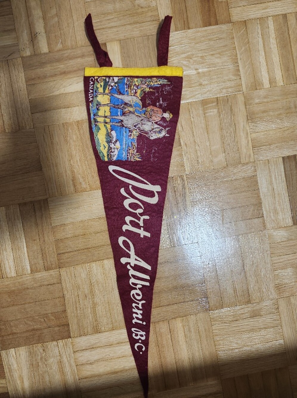Vintage Maroon 'Port Aventura' Triangular Wall Pennant